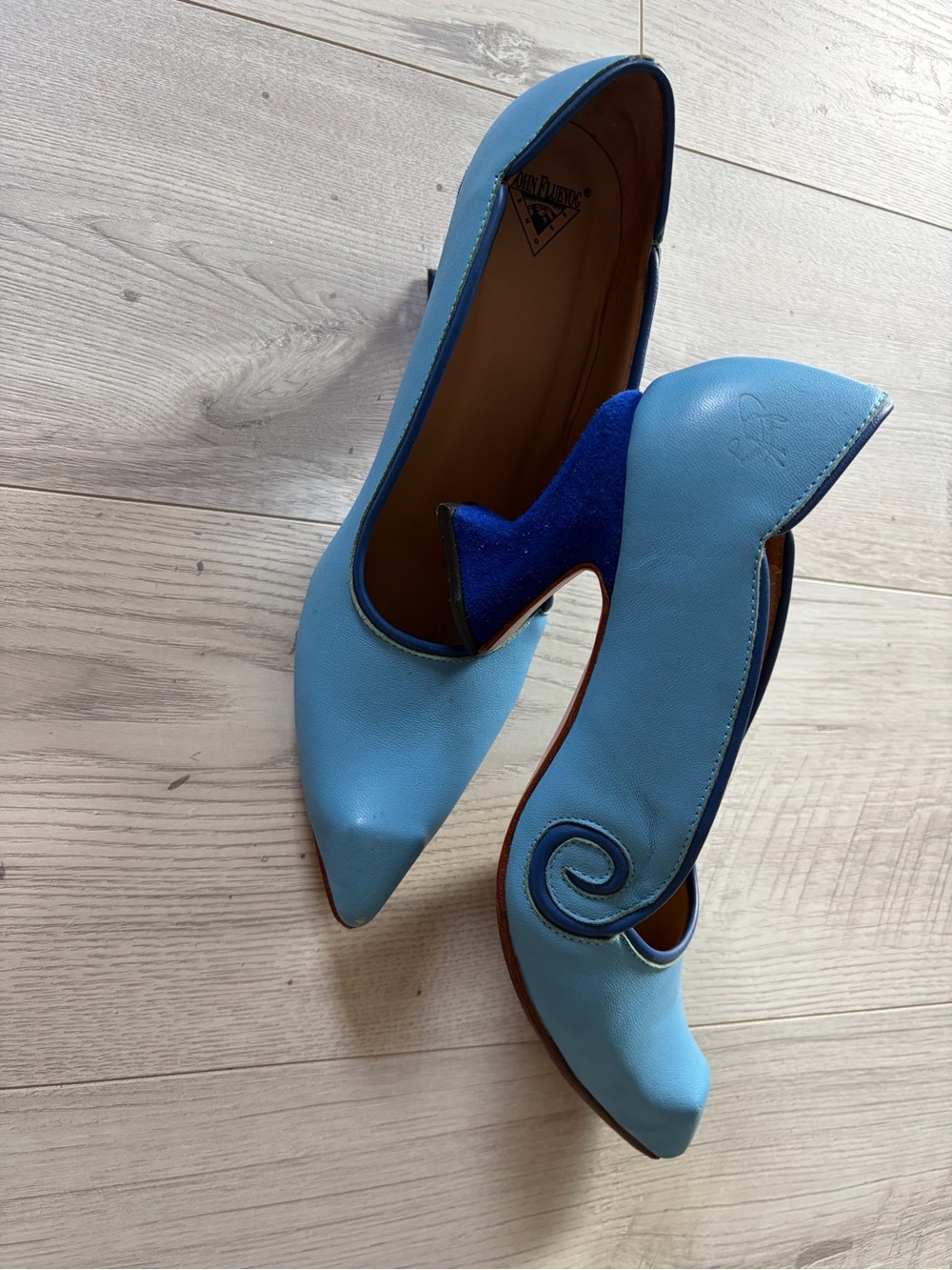 John Fluevog Sky Blue Pointed-Toe Heels with Swirl Accent